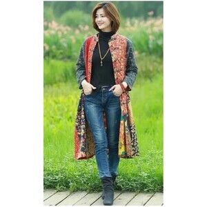 NFYM XL Trench Coat Long FLORAL PATCHWORK JACKET Lined Cotton Linen NWT